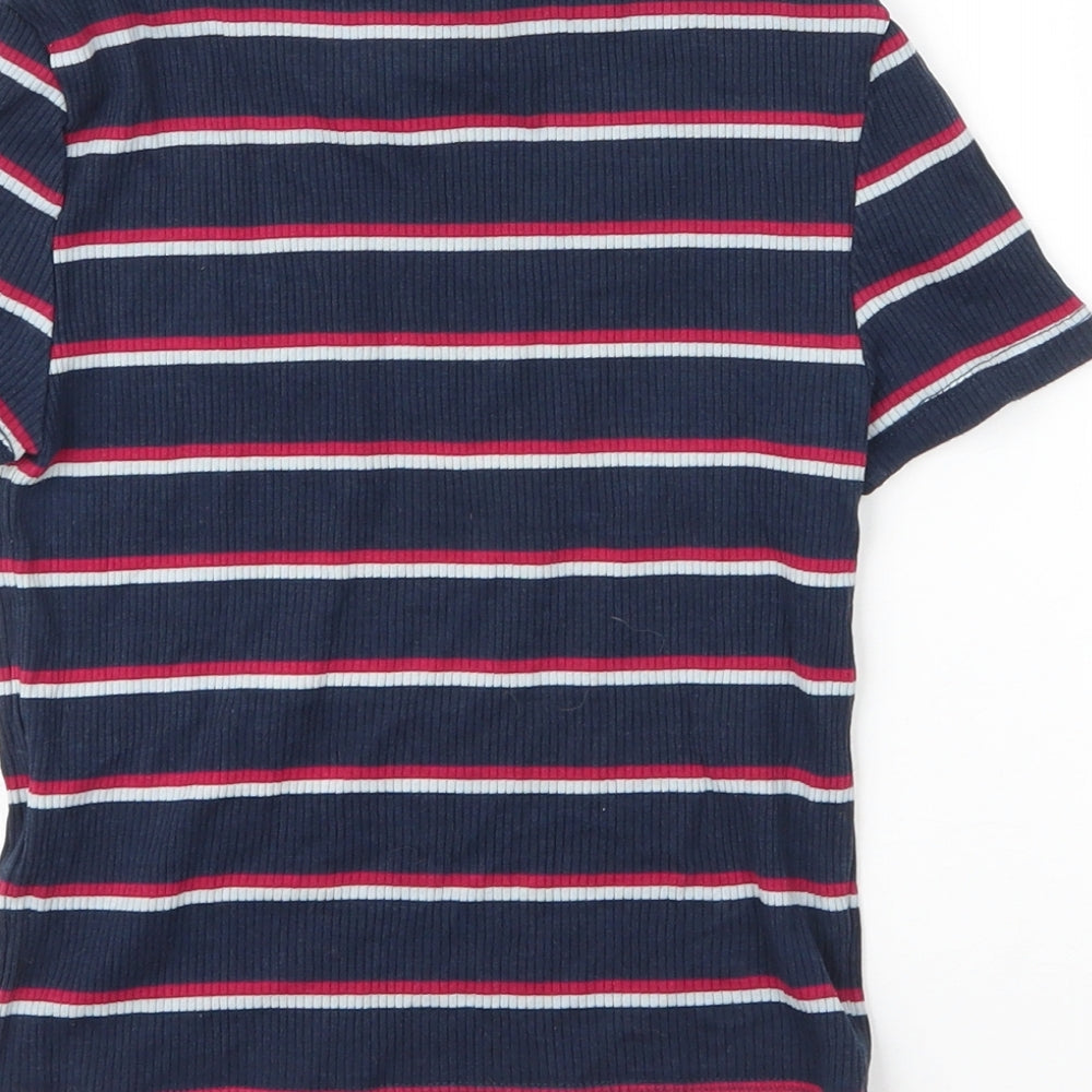 H&M Womens Blue Striped Cotton Basic T-Shirt Size S Round Neck