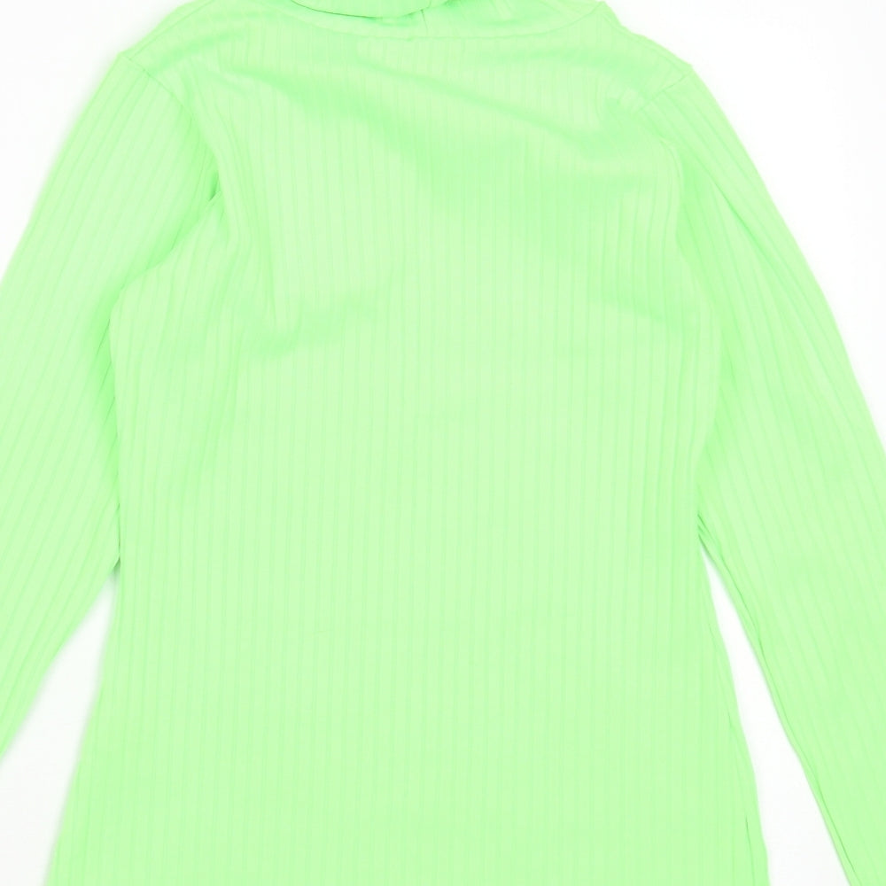 PRETTYLITTLETHING Womens Green Striped Polyester Basic T-Shirt Size 10 Roll Neck