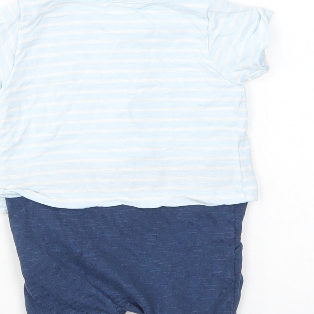 M&S Baby Blue Striped Cotton Romper One-Piece Size 0-3 Months Snap
