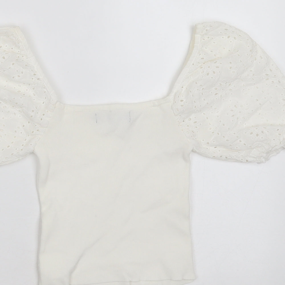 Bershka Womens White Polyester Blend Basic T-Shirt Size XS Square Neck - broderie sleeves