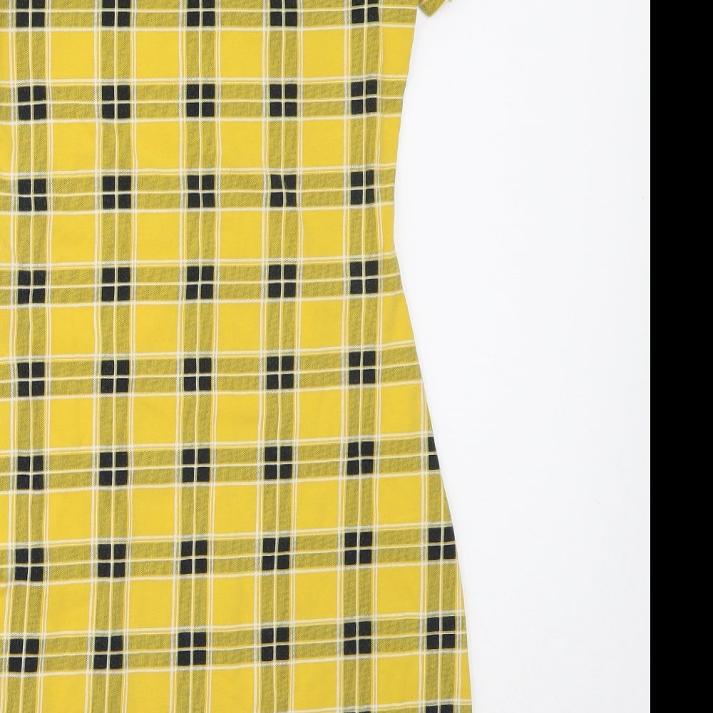 H&M Womens Yellow Check Cotton Bodycon Size XS Round Neck