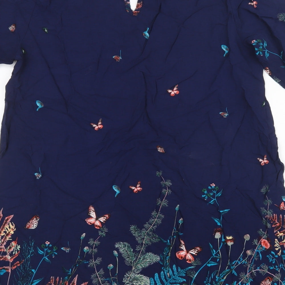 L.B.C. Womens Blue Floral Viscose A-Line Size M Round Neck Button