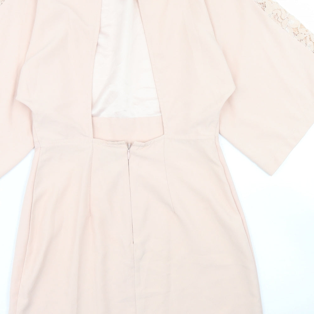 ASOS Womens Pink Polyester Pencil Dress Size 4 Crew Neck Zip - Lace sleeve detail, open back