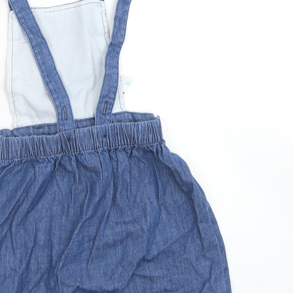 So Cute Girls Blue Cotton Pinafore/Dungaree Dress Size 12-18 Months Square Neck Button - Ladybird Belt