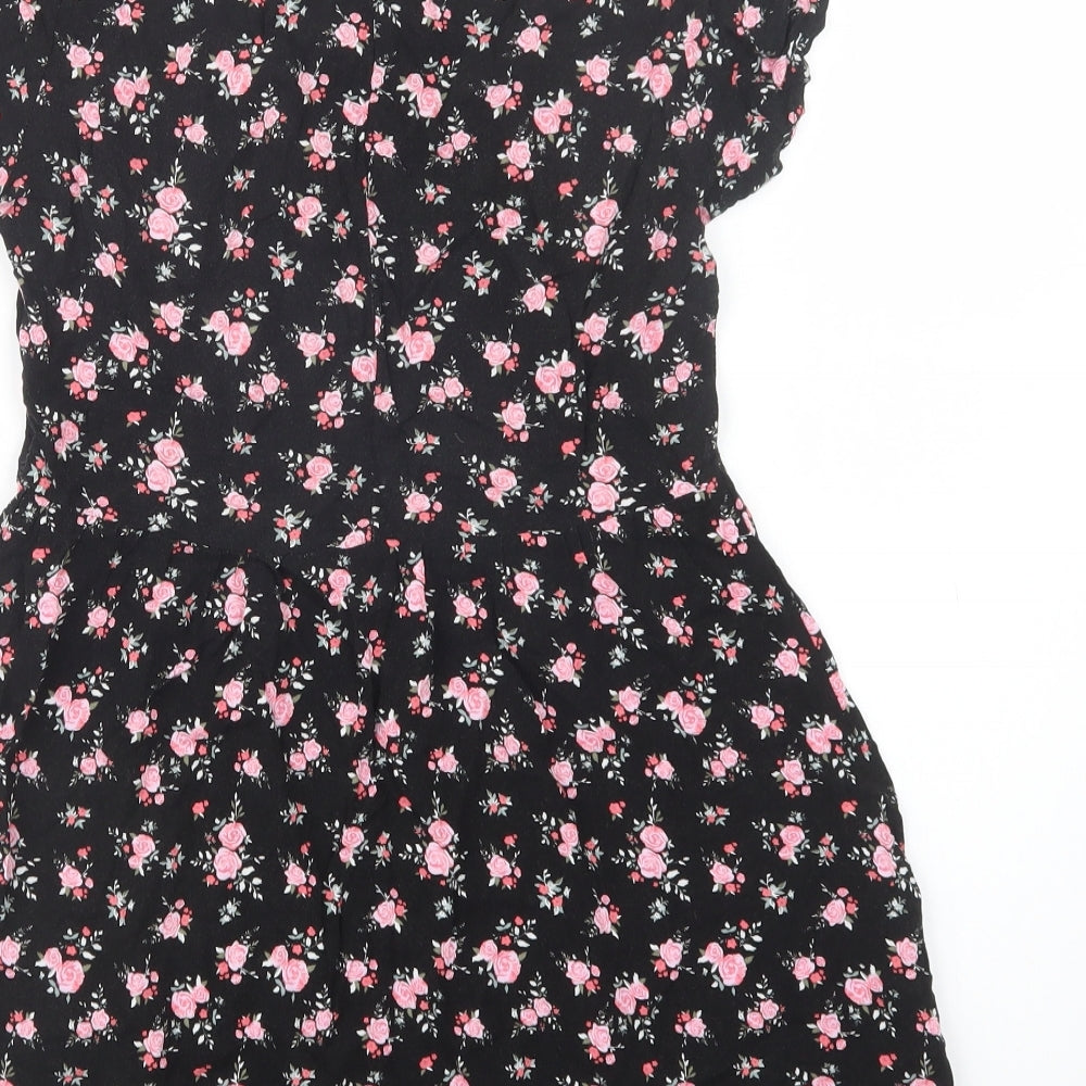 H&M Womens Black Floral Viscose Fit & Flare Size 4 Crew Neck