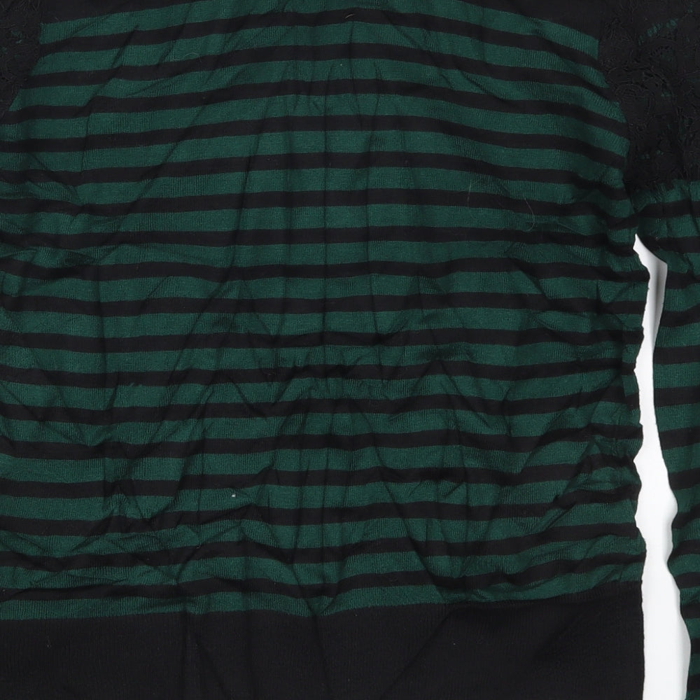 Warehouse Womens Green Round Neck Striped Viscose Pullover Jumper Size 10