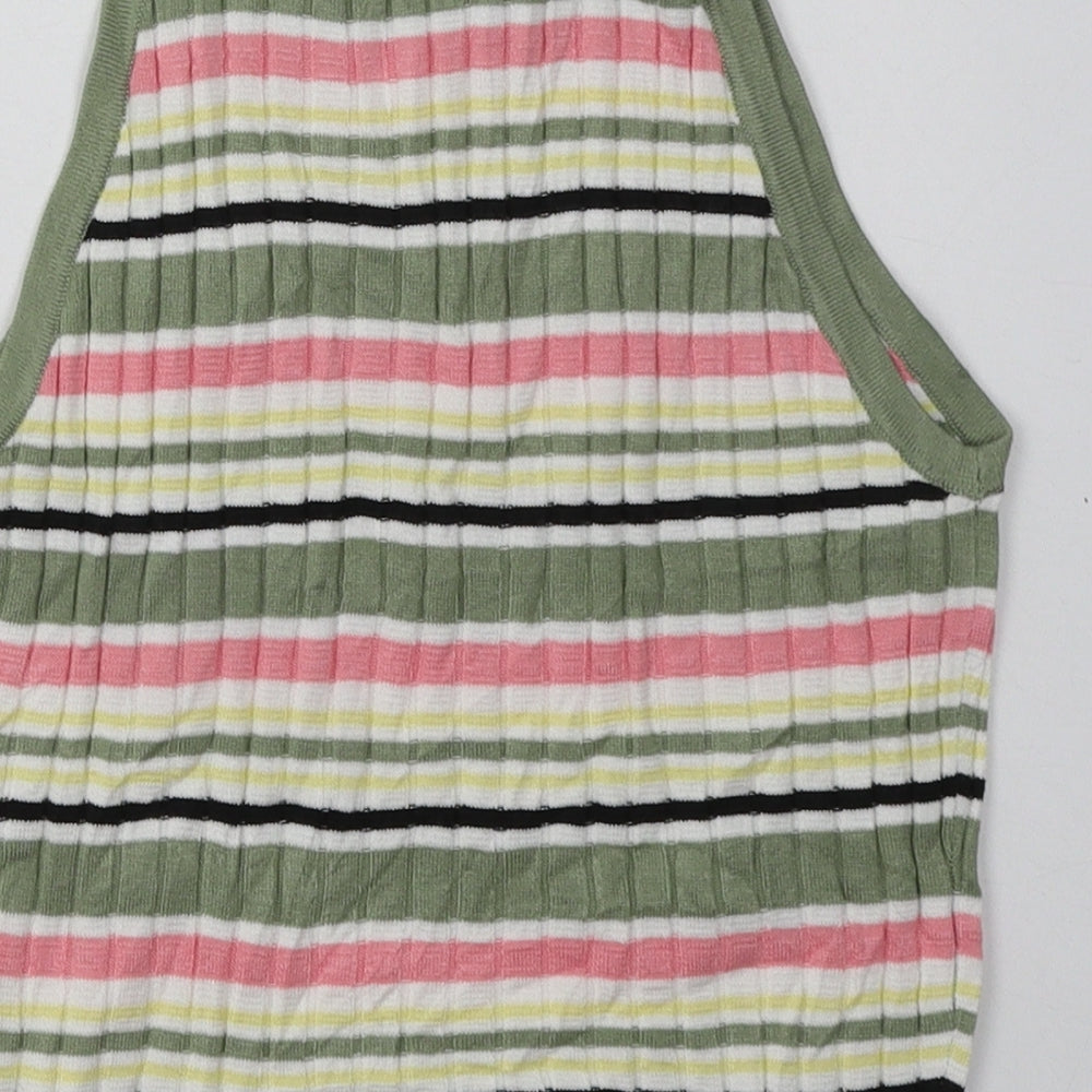 H&M Womens Green Striped Acrylic Cropped Tank Size S Crew Neck