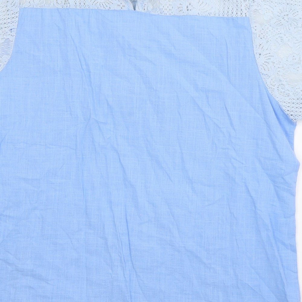 Preworn Womens Blue Cotton Basic Blouse Size XL Round Neck - crochet detail