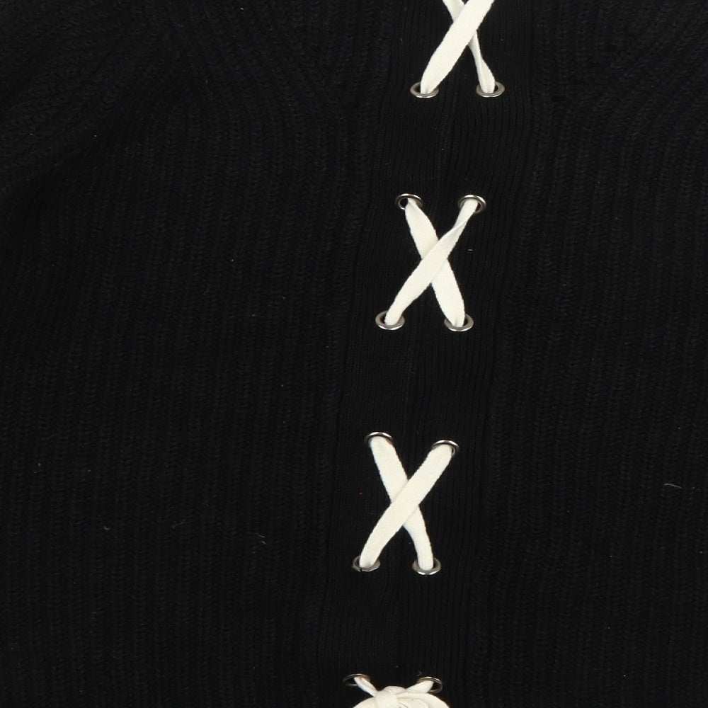 Papaya Womens Black Crew Neck Acrylic Pullover Jumper Size S - Lace up detail