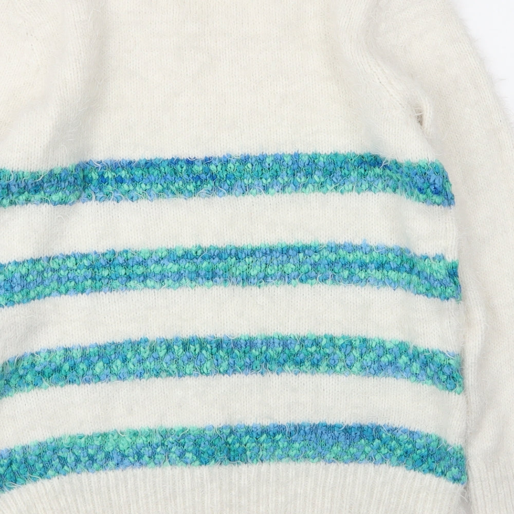 Debenhams Womens White Round Neck Striped Acrylic Pullover Jumper Size 10