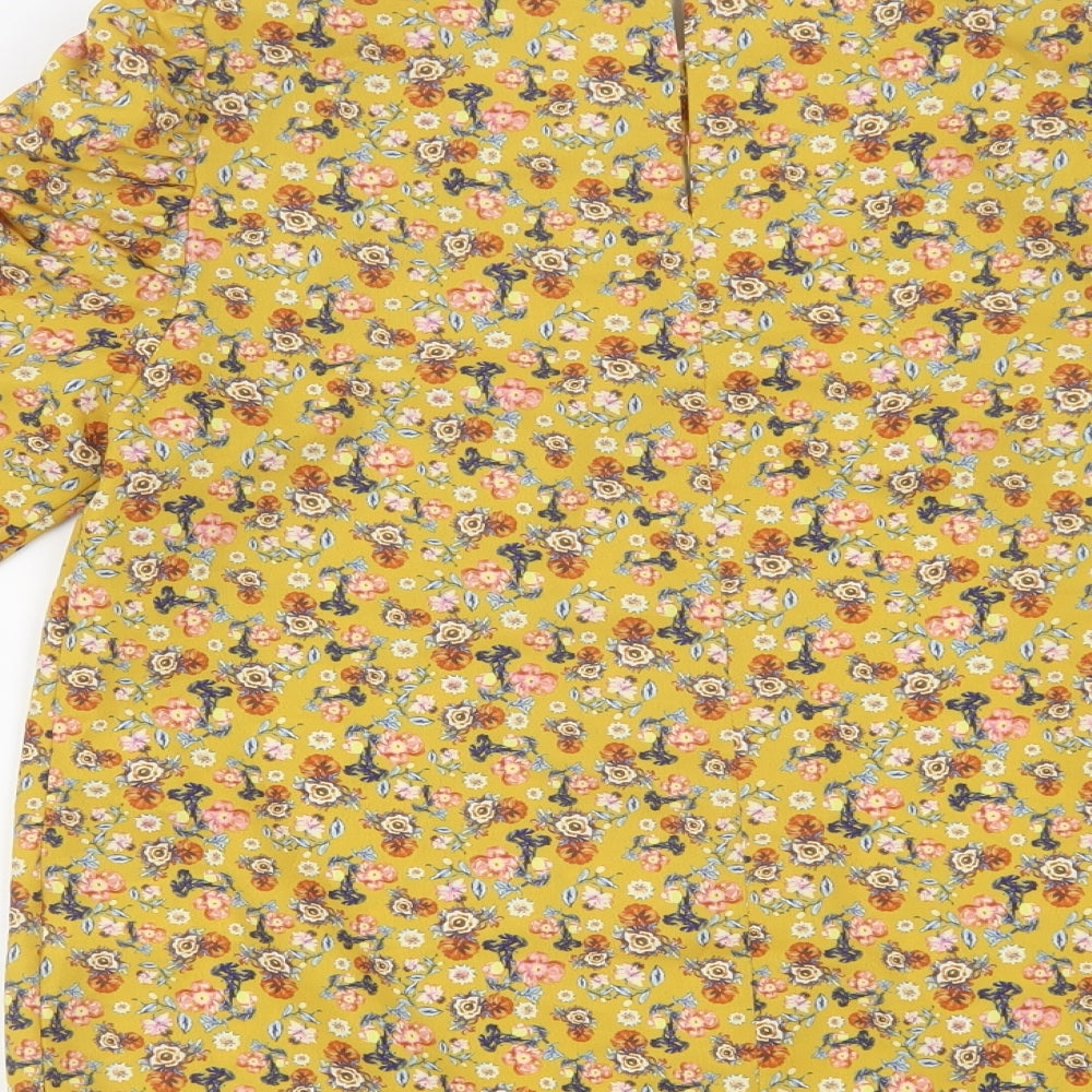 Warehouse Womens Yellow Floral Polyester Basic Blouse Size 6 Round Neck