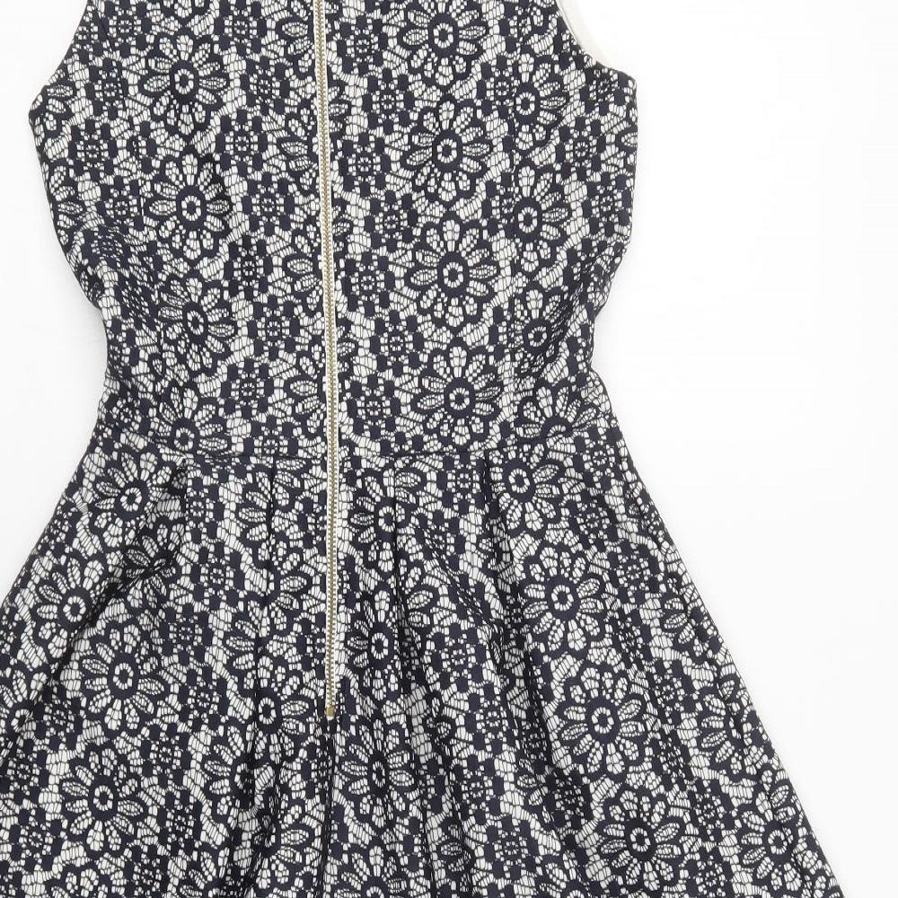 Warehouse Womens Blue Floral Polyester Fit & Flare Size 6 Round Neck Zip - Lace Overlay