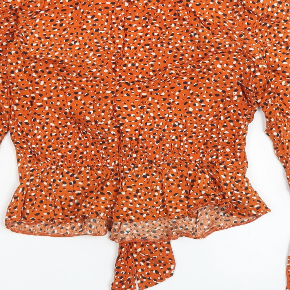 Miss Selfridge Womens Brown Animal Print Viscose Cropped Blouse Size 4 V-Neck - Flare sleeve