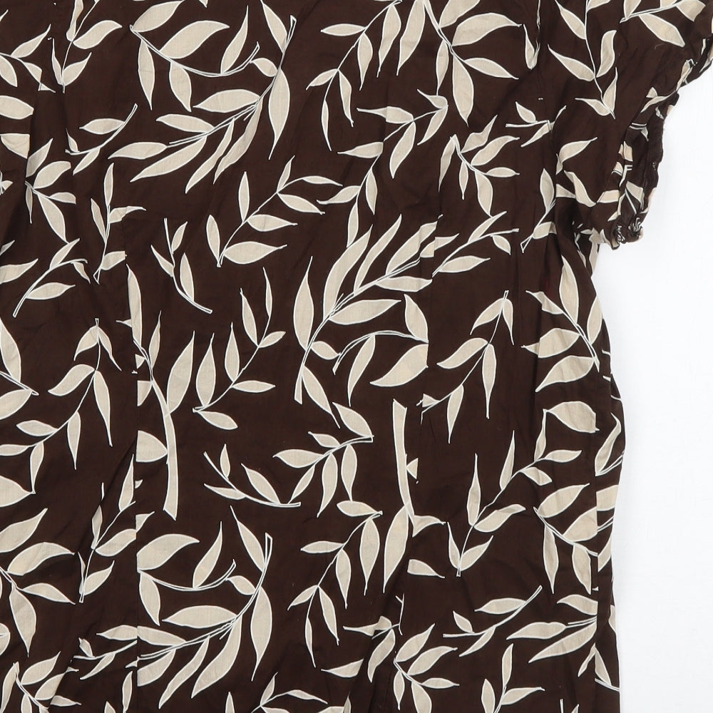 Evie Womens Brown Floral Cotton Basic Button-Up Size 12 V-Neck