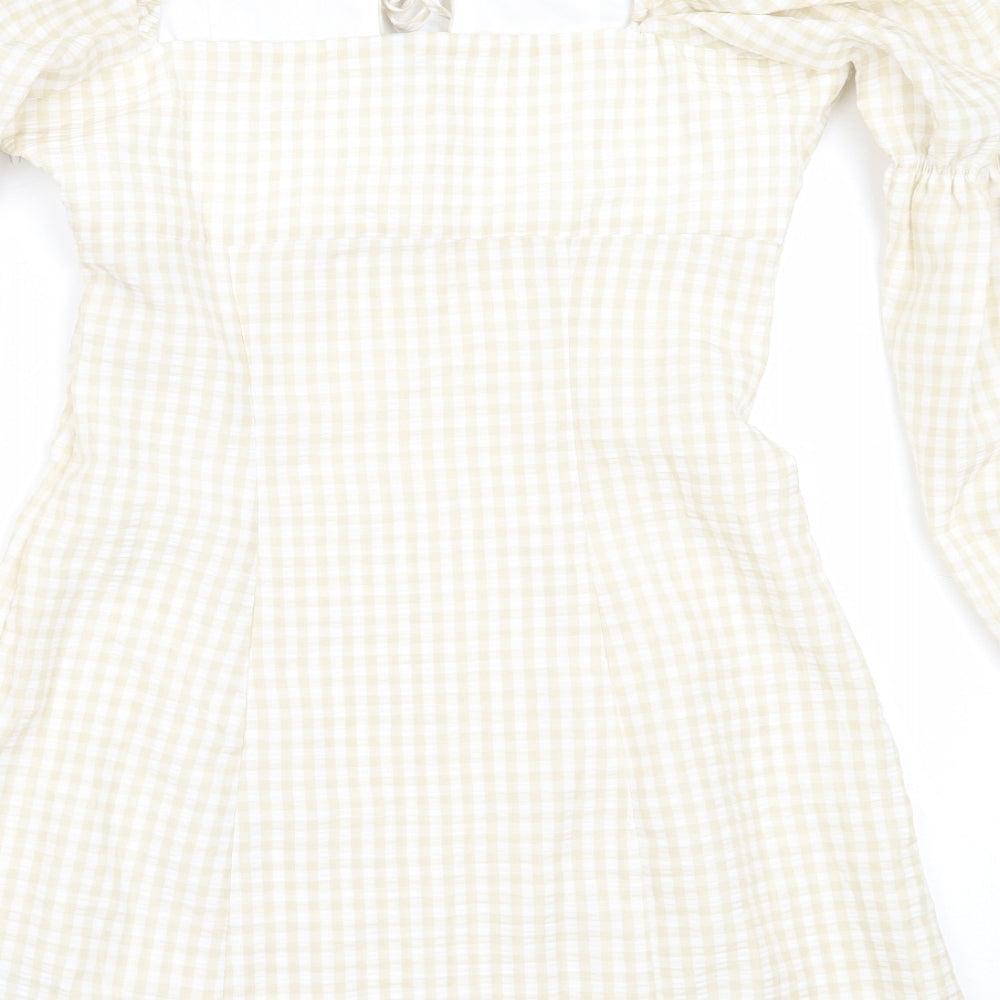 H&M Womens Beige Check Polyester Shift Size 38 Square Neck