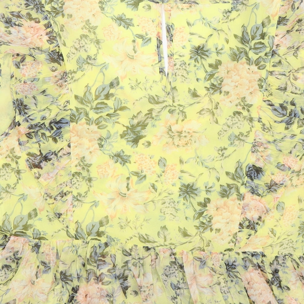 Loststock Womens Yellow Floral Polyester Basic Blouse Size M V-Neck