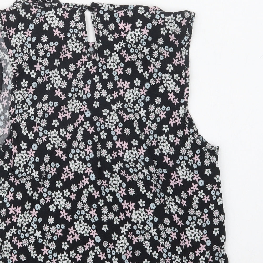 New Look Girls Black Floral Viscose Basic Blouse Size 14 Years Crew Neck Button
