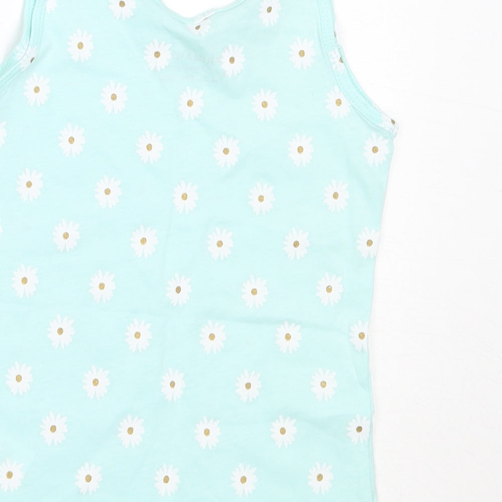 Primark Girls Blue Floral Cotton Basic Tank Size 5-6 Years Round Neck