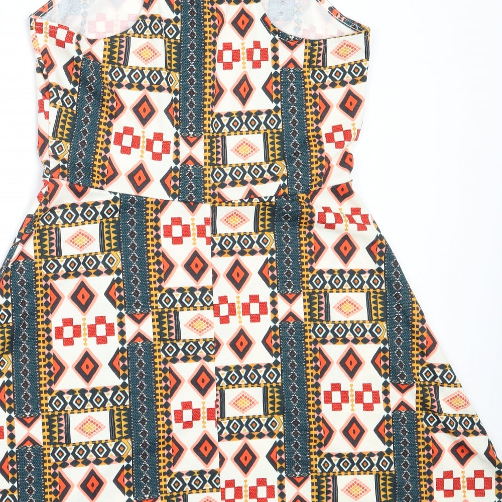 H&M Womens Orange Geometric Polyester Fit & Flare Size M Round Neck