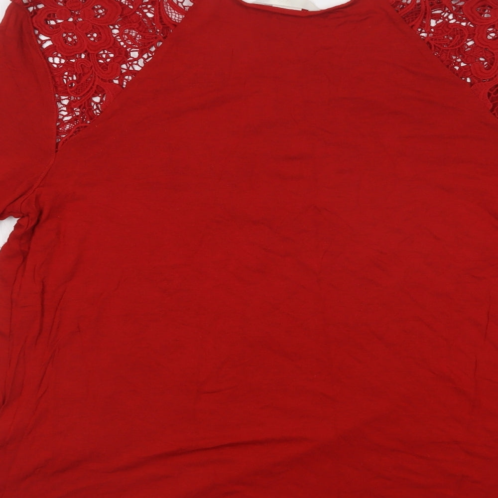 H&M Womens Red Viscose Basic Blouse Size M Crew Neck - Lace Detail