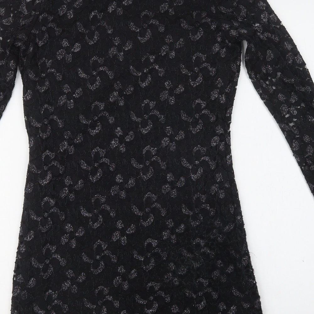 Mela Loves London Womens Black Floral Polyester Bodycon Size 10 Round Neck - Lace Overlay
