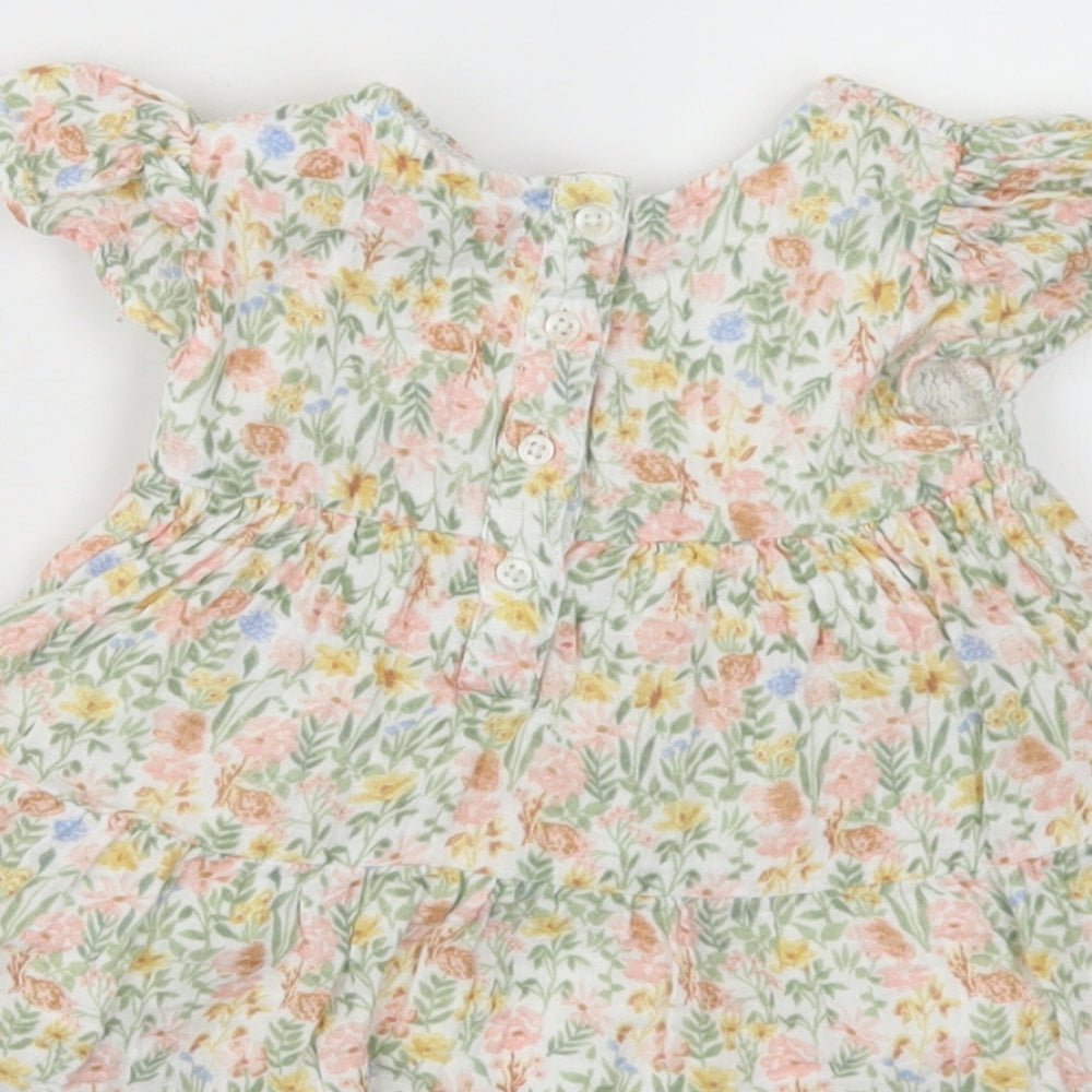 Primark Girls Green Floral Cotton Skater Dress Size 6-9 Months Crew Neck Button