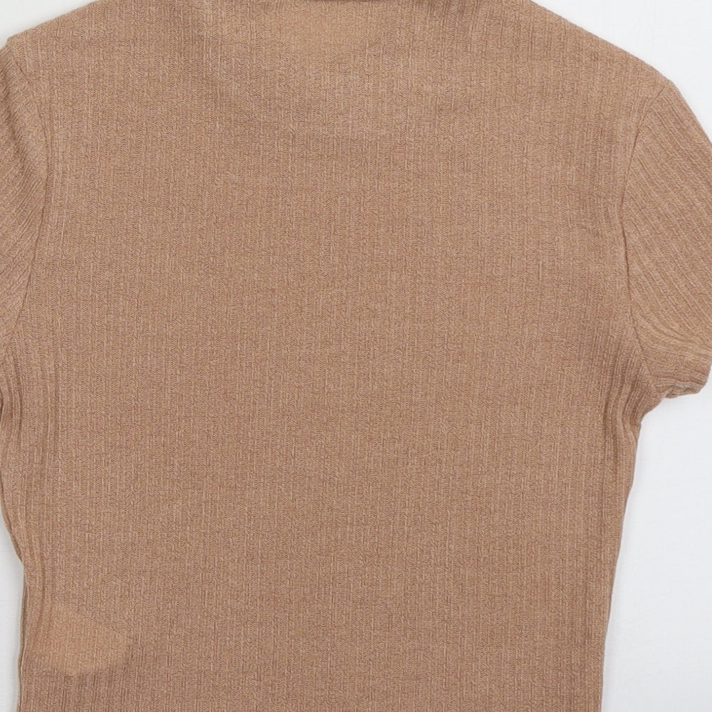 hsien Womens Brown Polyester Cropped T-Shirt Size S Crew Neck