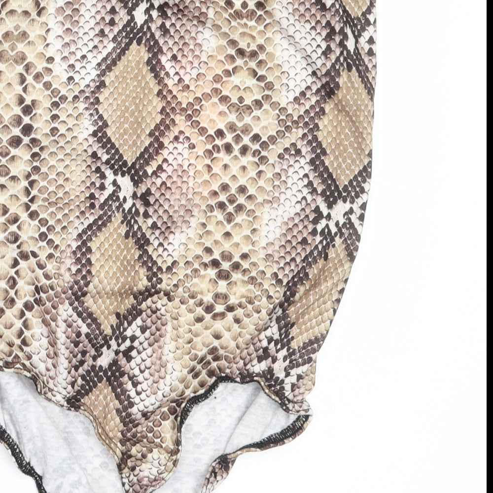 Missguided Womens Beige Animal Print Polyester Basic Blouse Size 10 Square Neck - bodysuit