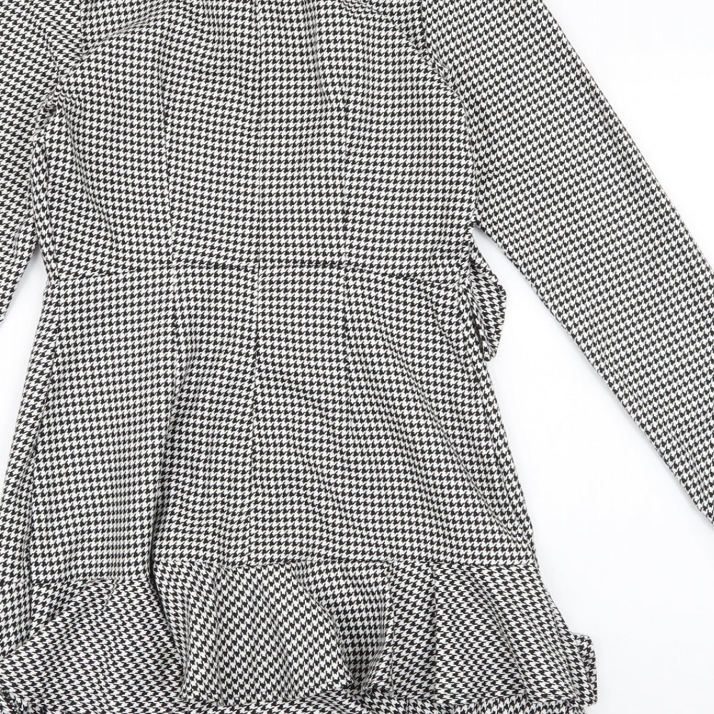 Very Womens White Houndstooth Polyester Fit & Flare Size 8 Round Neck Zip - Ruffle Detail