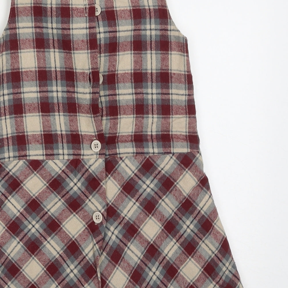 Dunnes Stores Girls Red Check Cotton A-Line Size 2-3 Years Crew Neck Button