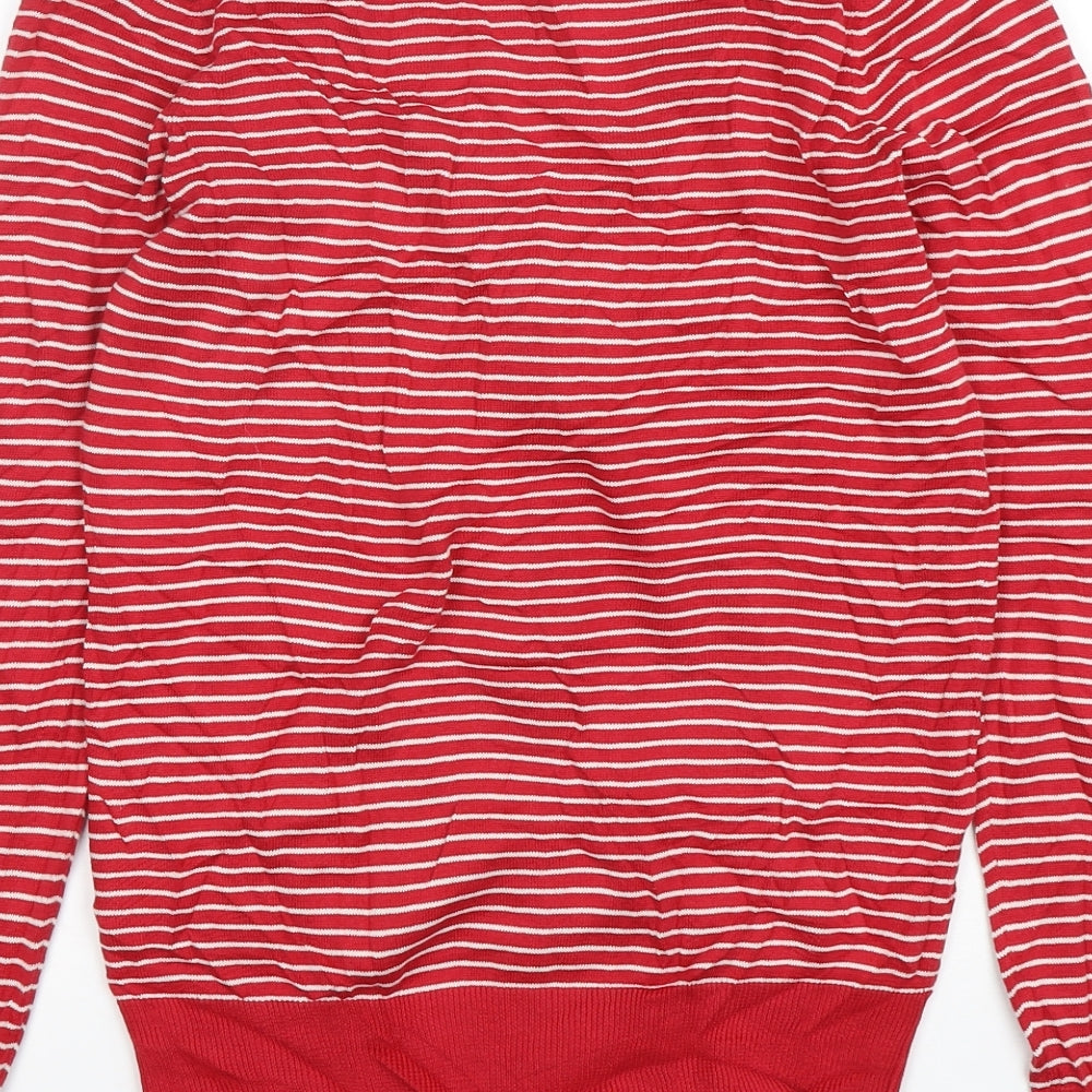 Linea Womens Red V-Neck Striped Cotton Cardigan Jumper Size S