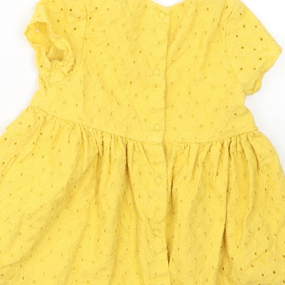 Vertbaudet Girls Yellow Cotton Skater Dress Size 9-12 Months Crew Neck Snap
