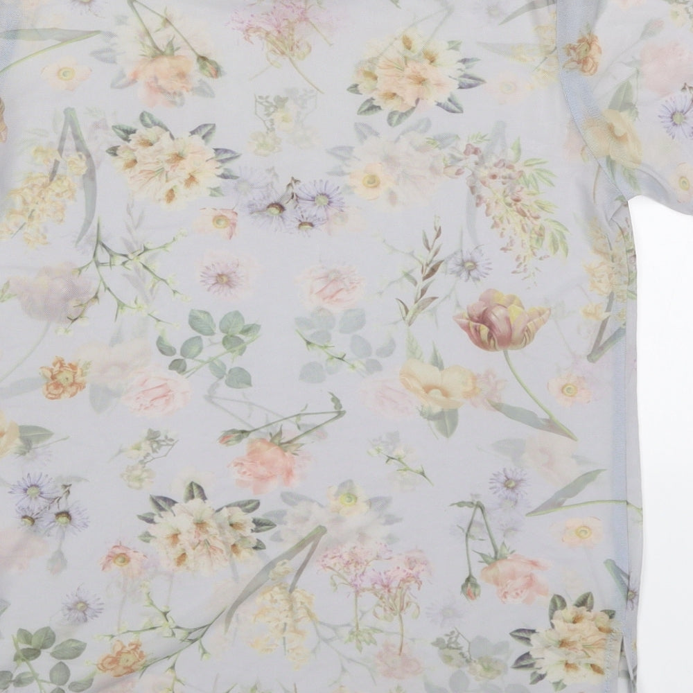 New Lok Womens Grey Floral Nylon Basic T-Shirt Size 8 Round Neck