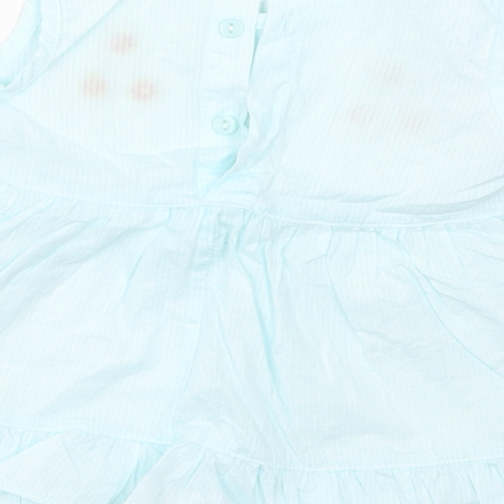 Preworn Girls Blue Striped Cotton Skater Dress Size 2 Years Round Neck Button - Flowers