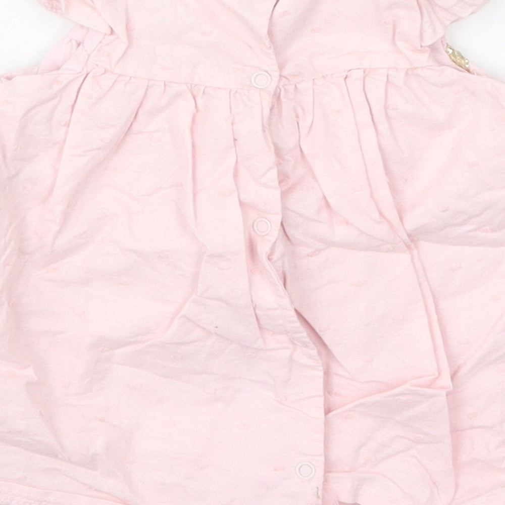 Preworn Girls Pink Cotton A-Line Size 3-6 Months Round Neck Button