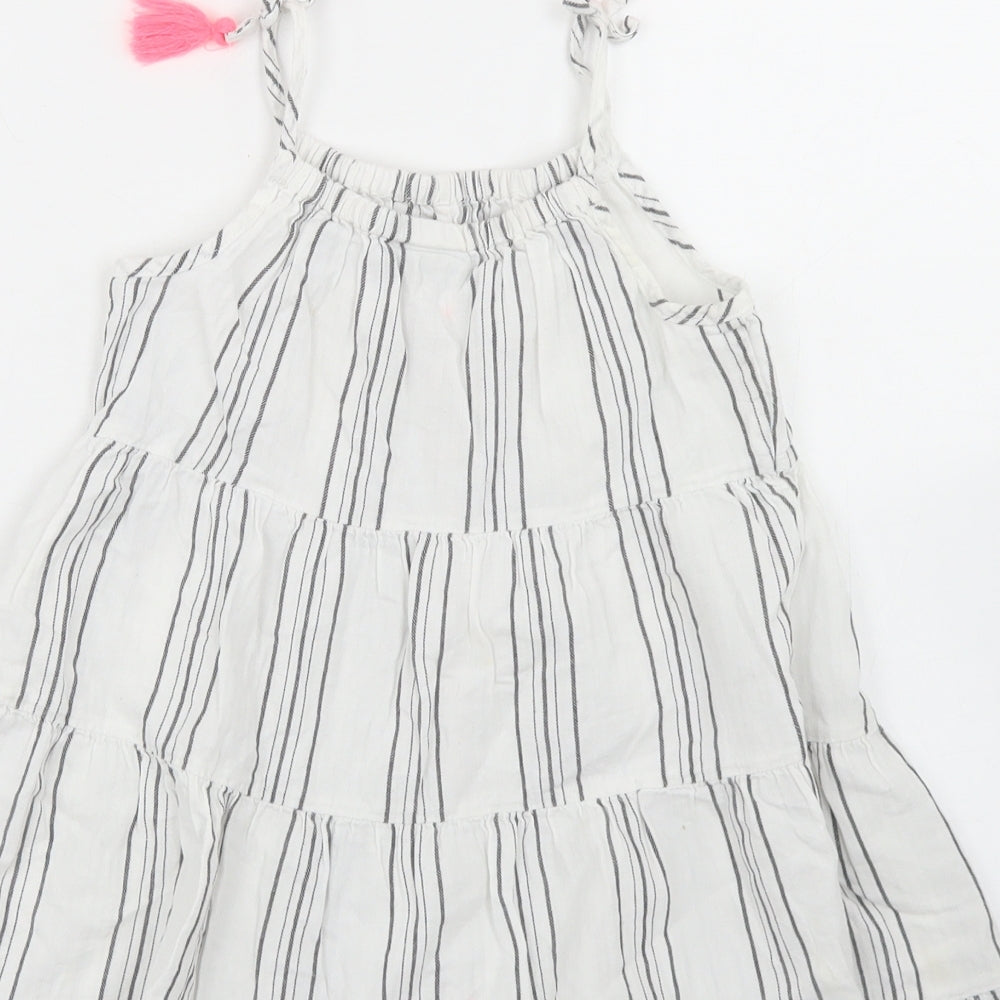 Matalan Girls White Striped Cotton Trapeze & Swing Size 4 Years Round Neck