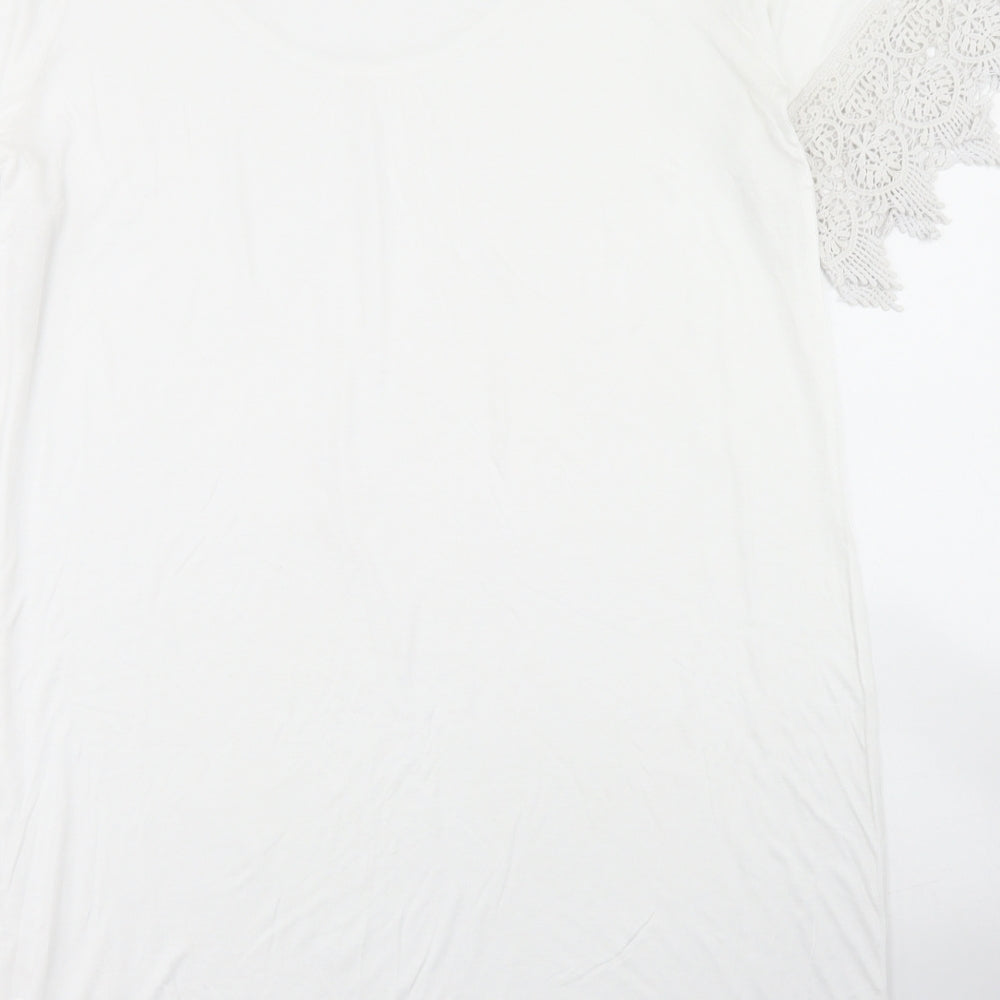 Bonprix Womens White Viscose Tunic T-Shirt Size M Crew Neck - Lace Sleeve and Hem Detail, Cold Shoulder