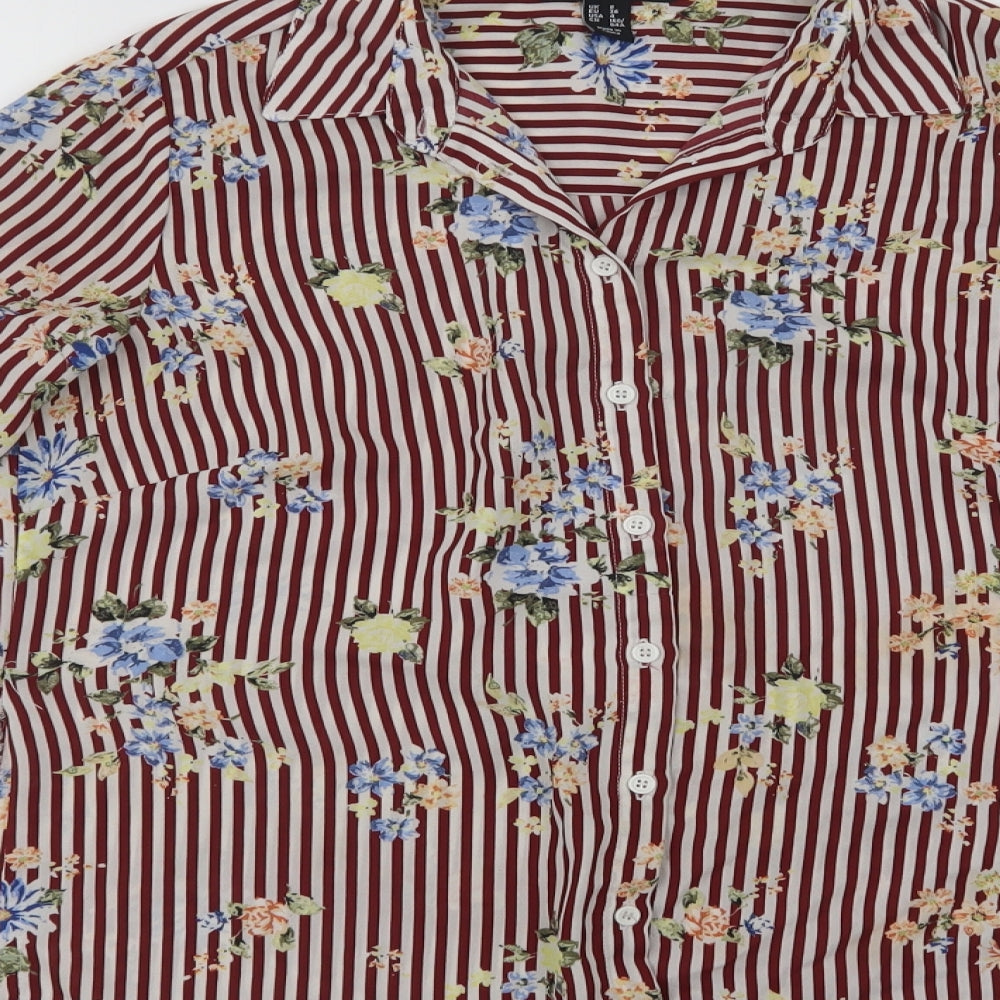 New Look Womens Red Striped Polyester Basic Button-Up Size 8 Collared