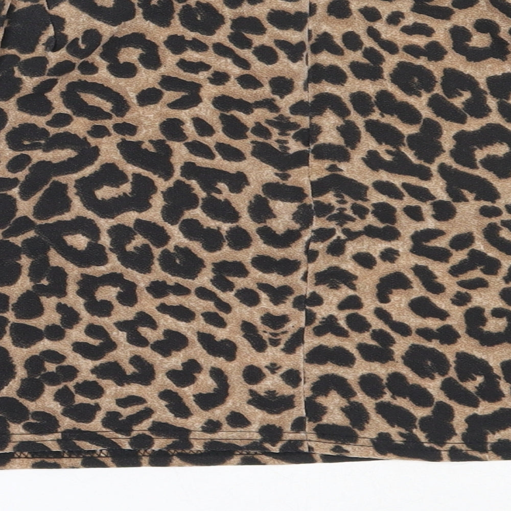 PRETTYLITTLETHING Womens Brown Animal Print Polyester Basic Blouse Size 4 Round Neck