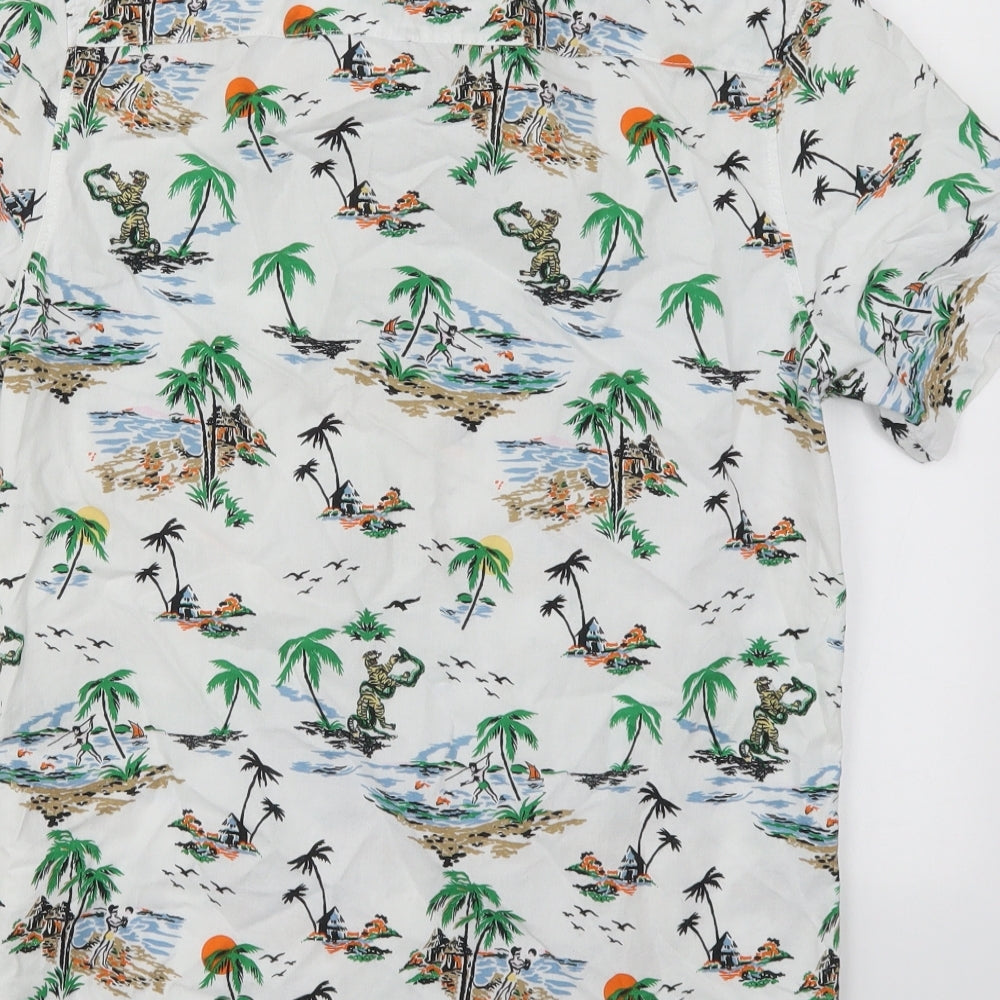 H&M Mens White Cotton Button-Up Size XS Collared Button - Beach Prints