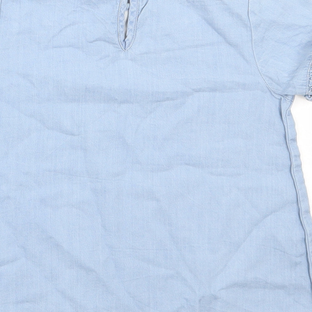 George Girls Blue 100% Cotton Basic Blouse Size 6-7 Years Round Neck Button - Flower embroidery