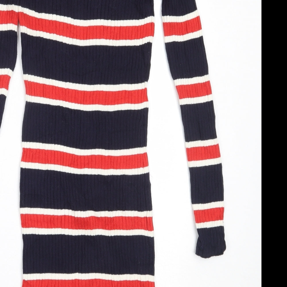 H&M Womens Blue Striped Cotton Bodycon Size 38 Round Neck