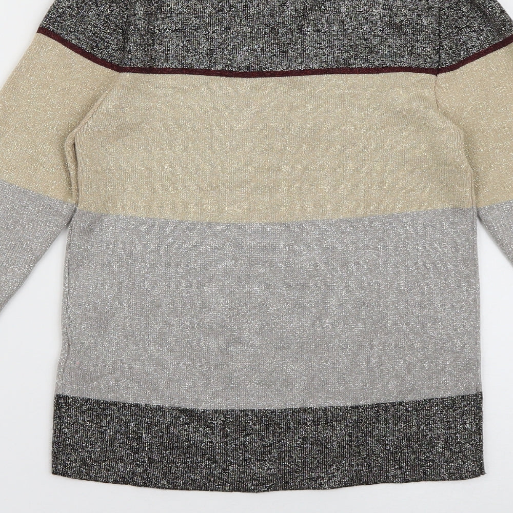 New Look Womens Grey Striped Viscose Jersey Blouse Size 8 High Neck