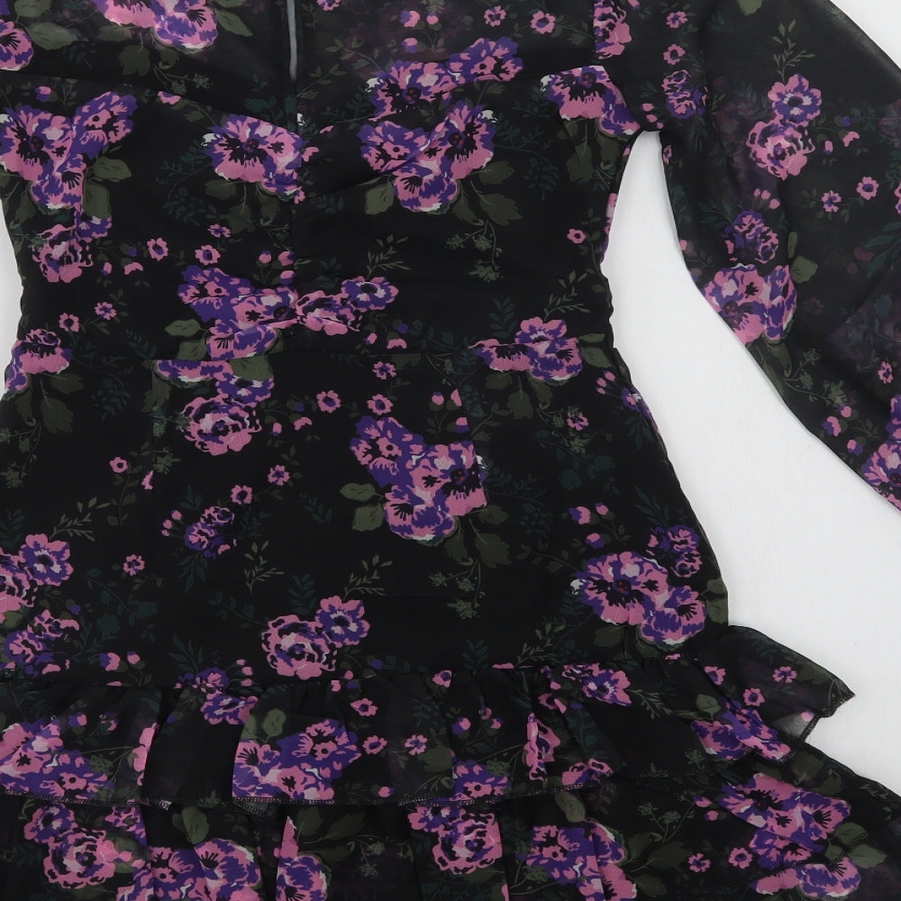 Reyon Womens Black Floral Polyester Fit & Flare Size S Round Neck Button