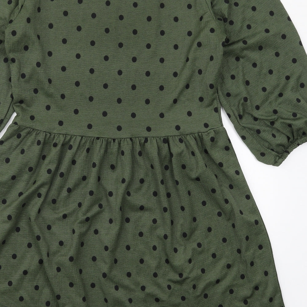 Stradivarius Womens Green Polka Dot Polyester Skater Dress Size S Crew Neck Pullover