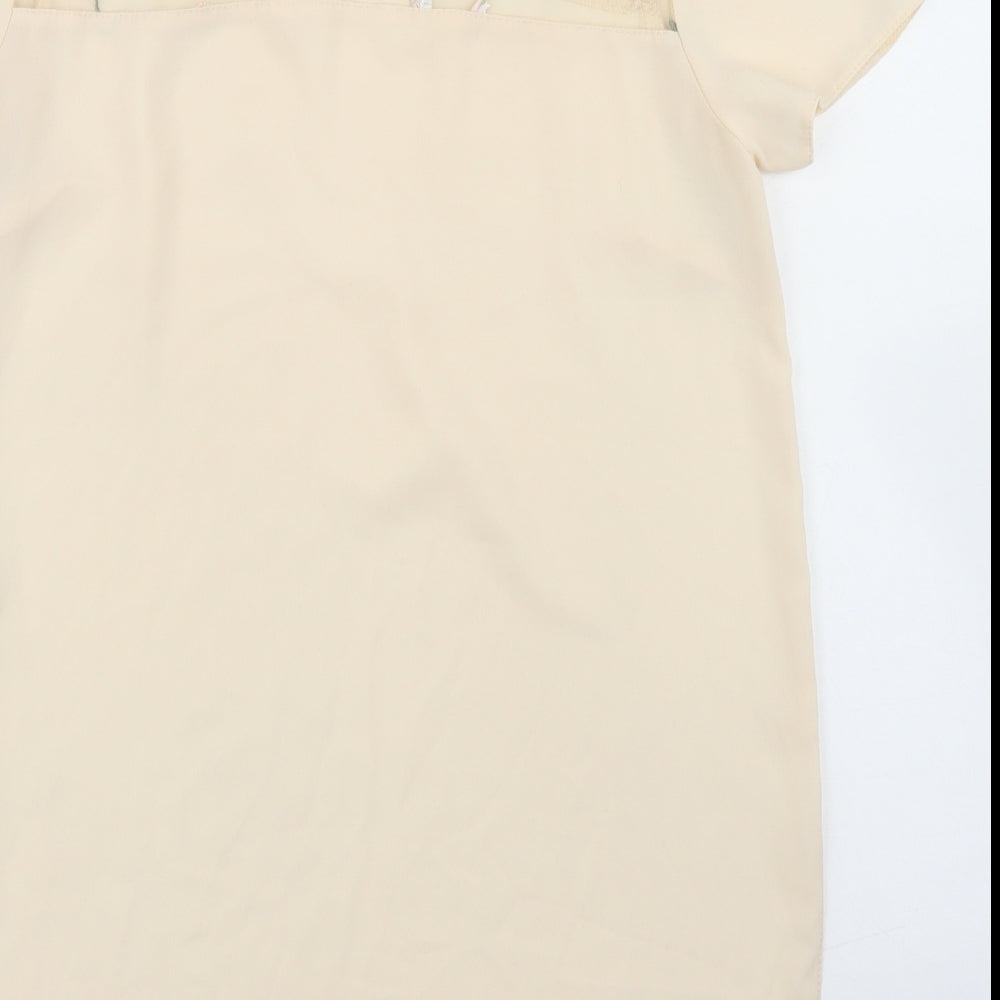 Atmosphere Womens Beige Floral Nylon Basic Blouse Size 6 Crew Neck - Mesh Panel