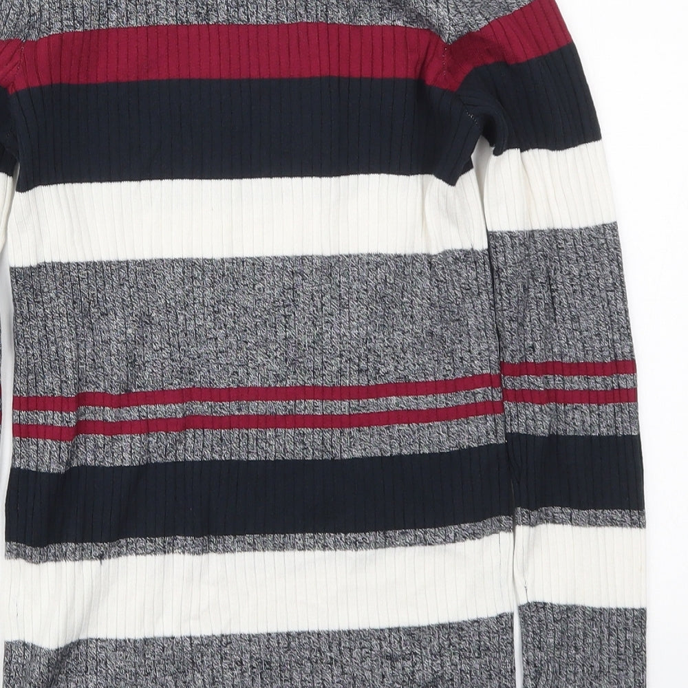 H&M Womens Grey Round Neck Striped Acrylic Pullover Jumper Size S