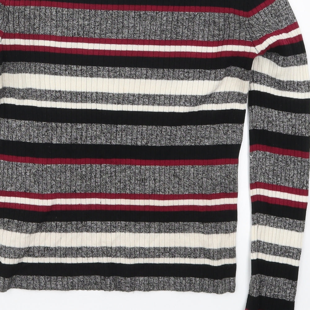 H&M Womens Grey Round Neck Striped Acrylic Pullover Jumper Size S