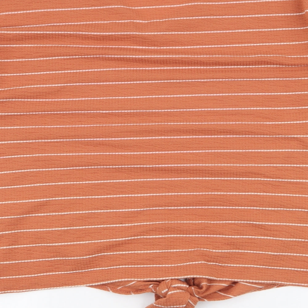 Dunnes Stores Womens Orange Striped Polyester Jersey Blouse Size M V-Neck