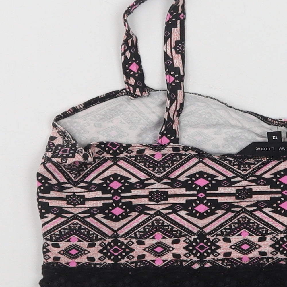 New Look Womens Pink Geometric Cotton Cropped Tank Size 12 V-Neck - Lace Detail
